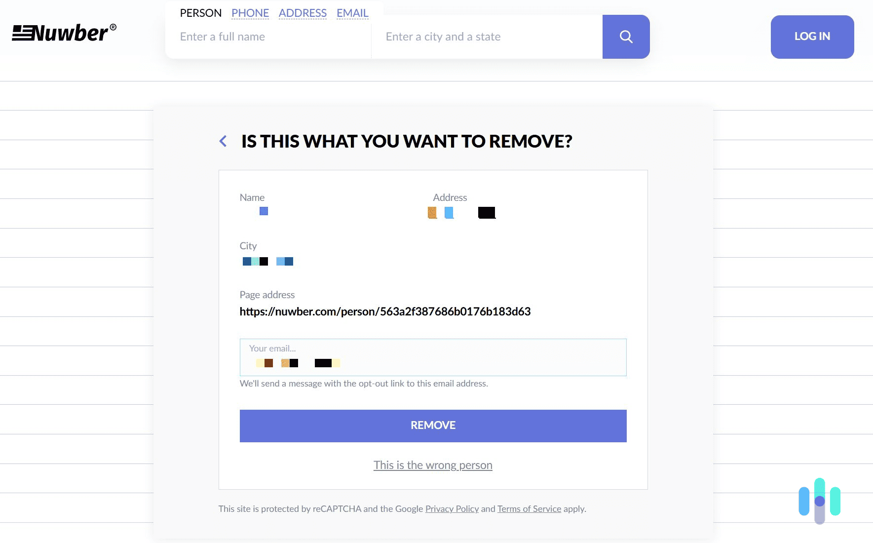 Type in your email and confirm the data removal request. Type in your email and confirm the data removal request.