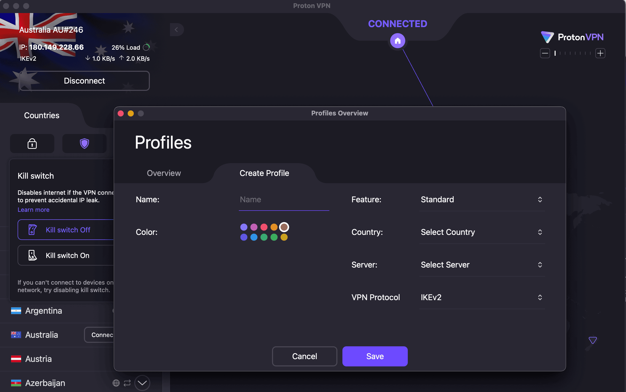 We created multiple Proton VPN profiles so our preferred settings were saved for streaming services, torrenting, and general browsing. 