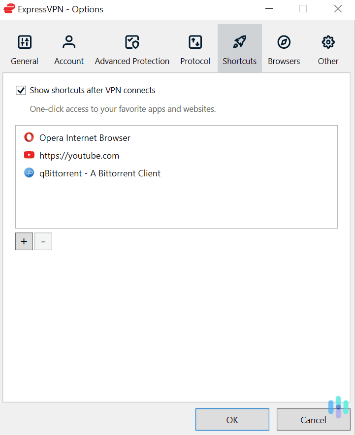 We used the Shortcuts feature to get instant access to YouTube, a P2P app, and our browser after connecting to ExpressVPN. We used the Shortcuts feature to get instant access to YouTube, a P2P app, and our browser after connecting to ExpressVPN.