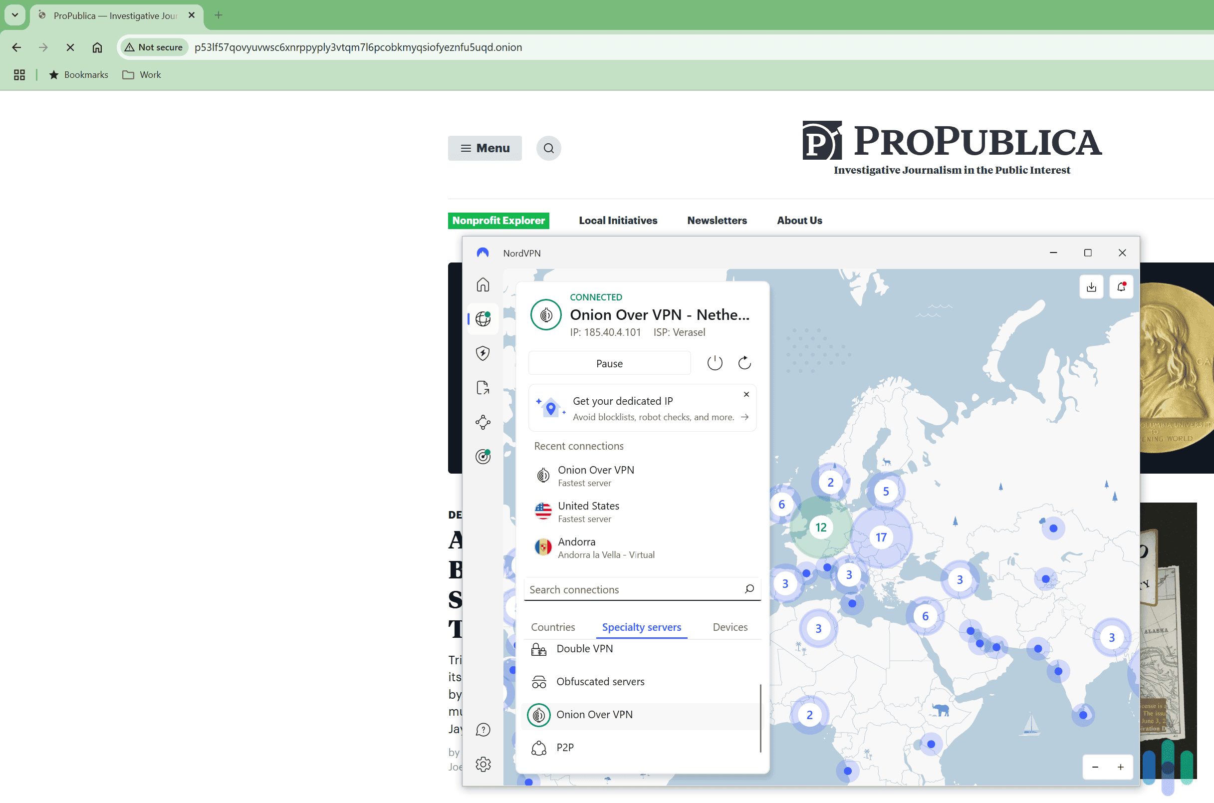 We were able to use NordVPN’s Onion Over VPN servers to access dark web links in our Chrome browser. We were able to use NordVPN's Onion Over VPN servers to access dark web links in our Chrome browser.