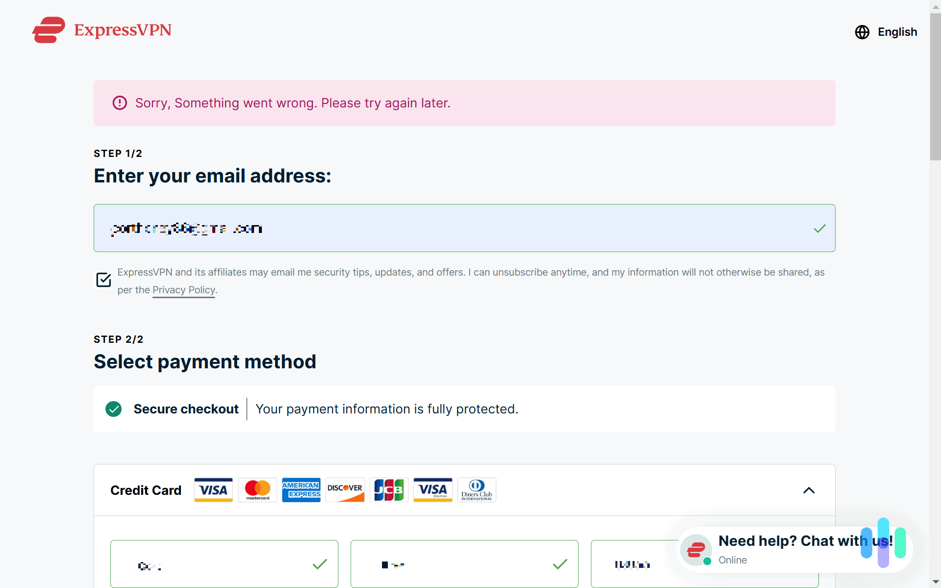 When we tried to subscribe to ExpressVPN, we were told something went wrong without any additional details. When we tried to subscribe to ExpressVPN, we were told something went wrong without any additional details.