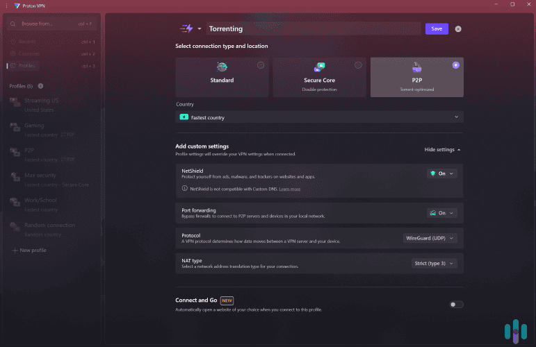 You can automate Proton VPN's connections by setting up customized profiles for gaming, streaming, torrenting, and more.