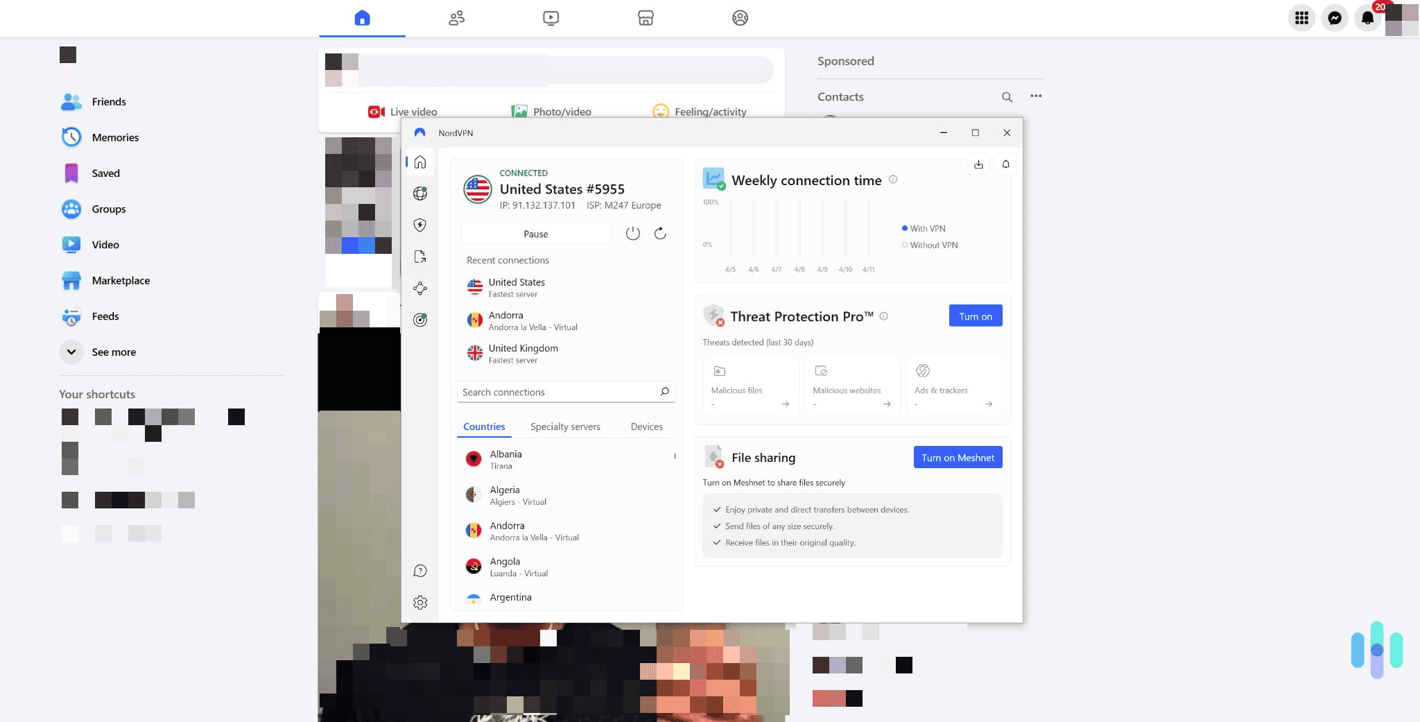 You can use a VPN to hide the fact that you're connected to Facebook.